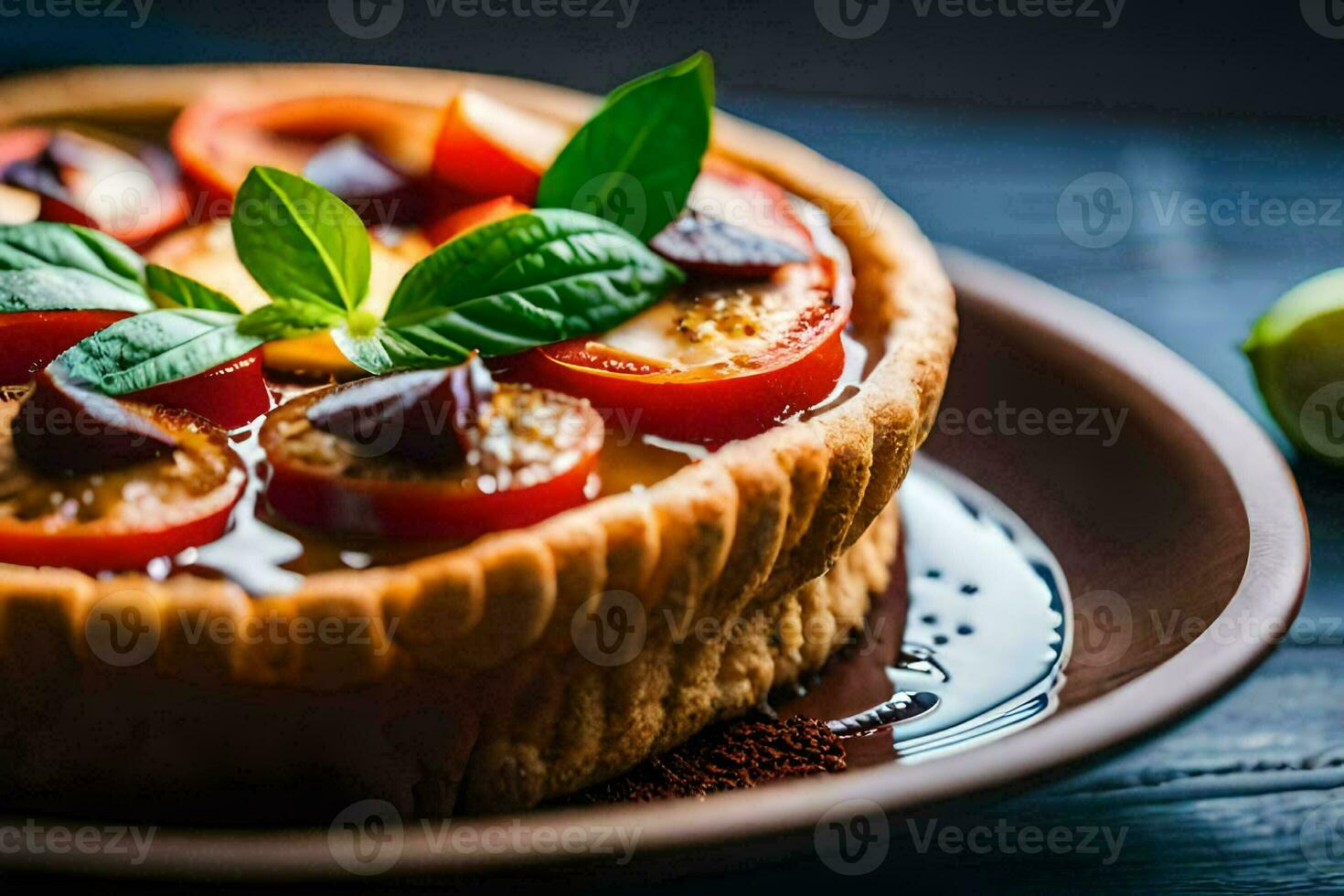 a dessert with tomatoes and basil on a plate. AI-Generated photo