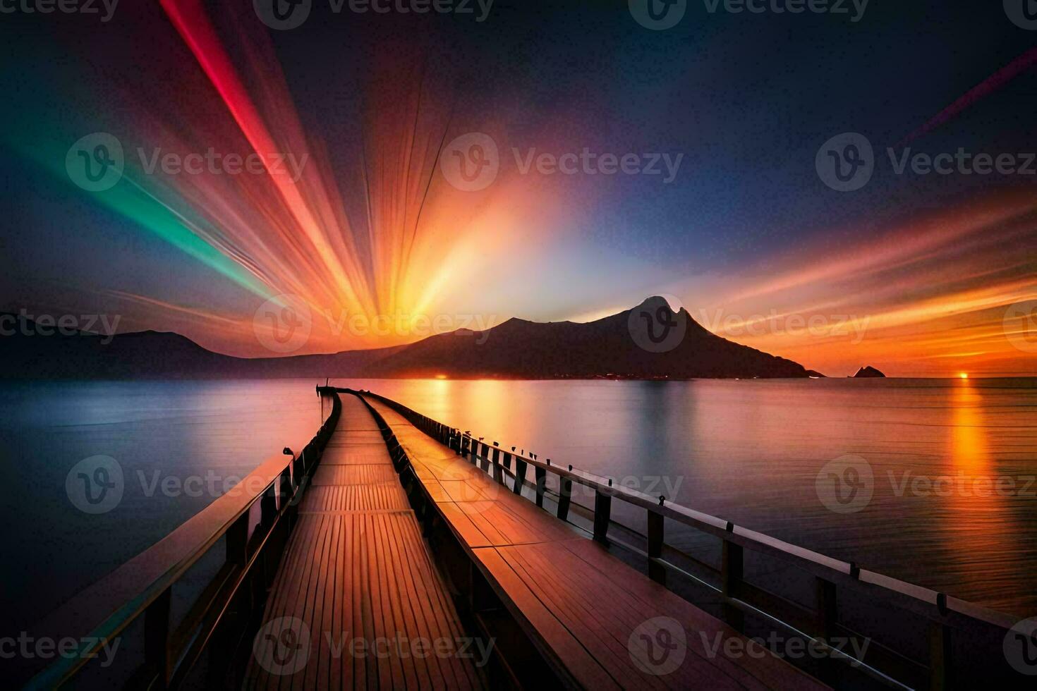 a long pier with a bright light trail. AI-Generated photo