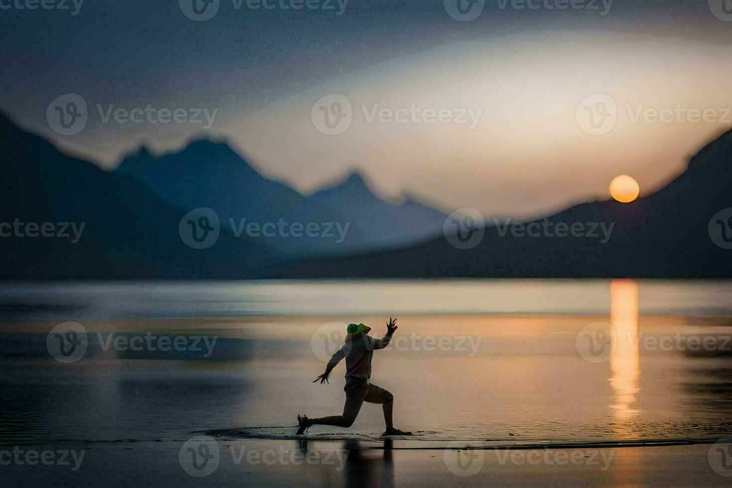 a person running in the water at sunset. AI-Generated photo