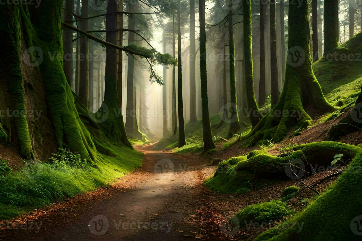 a path through a forest with mossy trees. AI-Generated photo