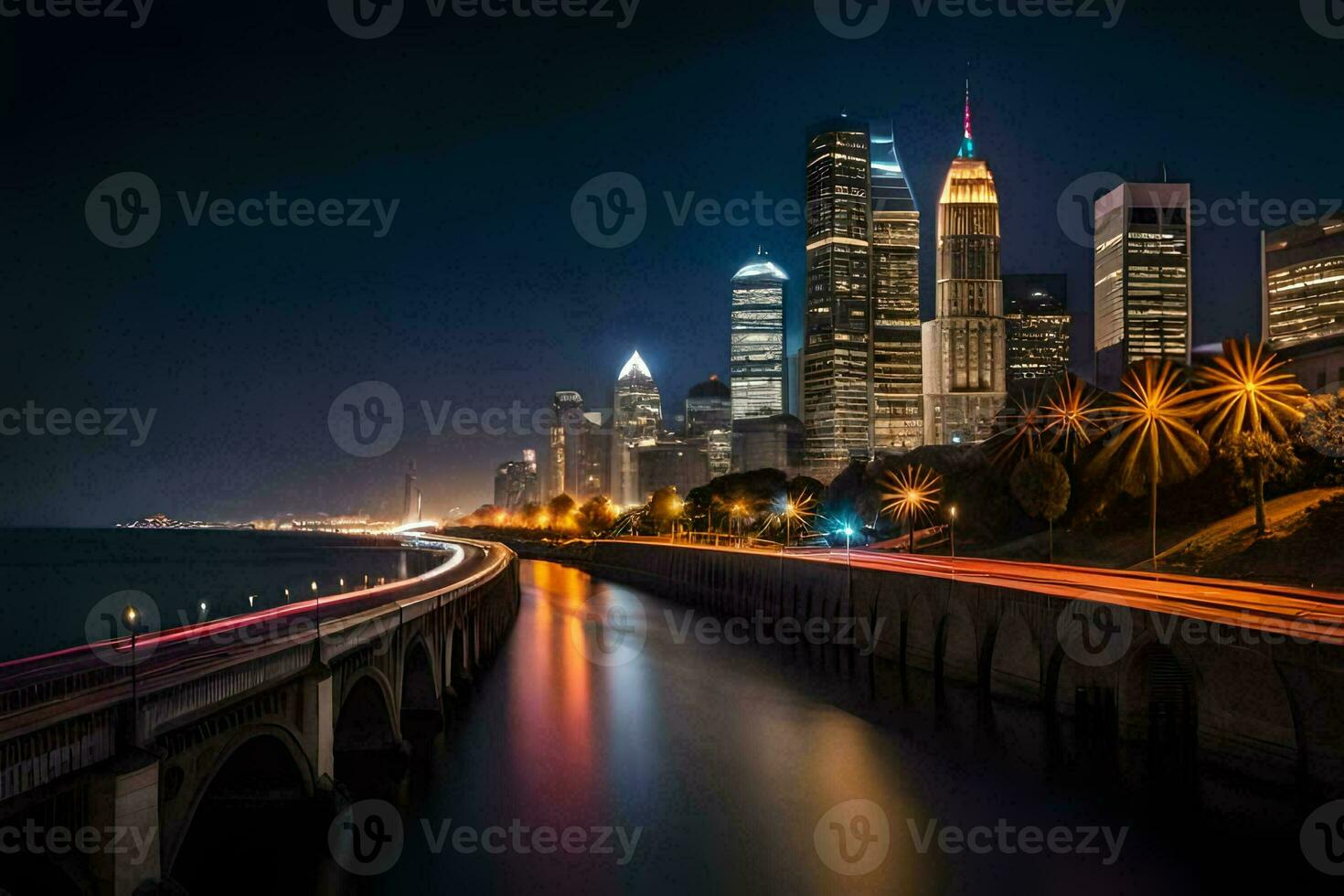 chicago skyline at night. AI-Generated photo