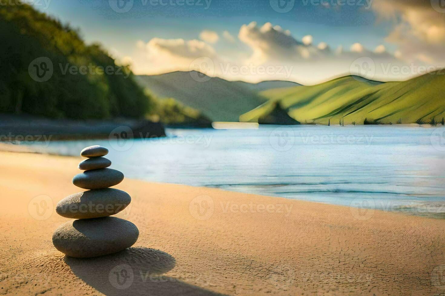 a stack of stones on the beach near a lake. AI-Generated photo