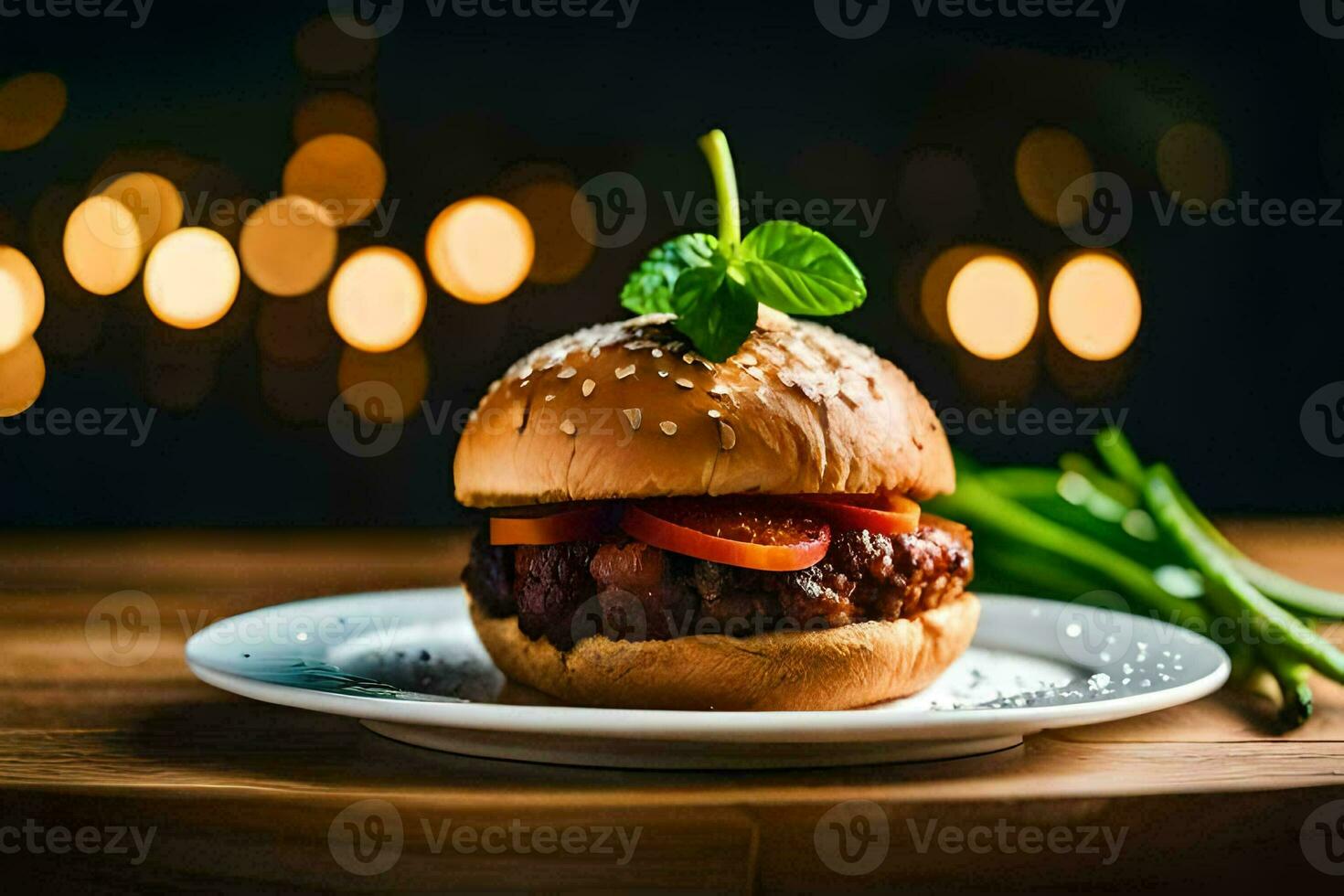 a hamburger on a plate with a green leaf. AI-Generated photo