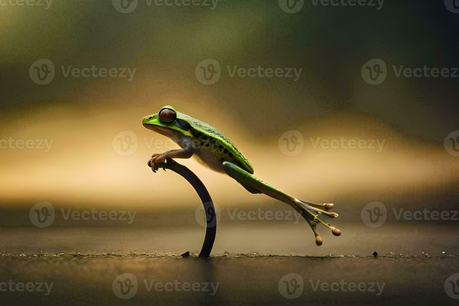 a frog is sitting on top of a stick. AI-Generated photo