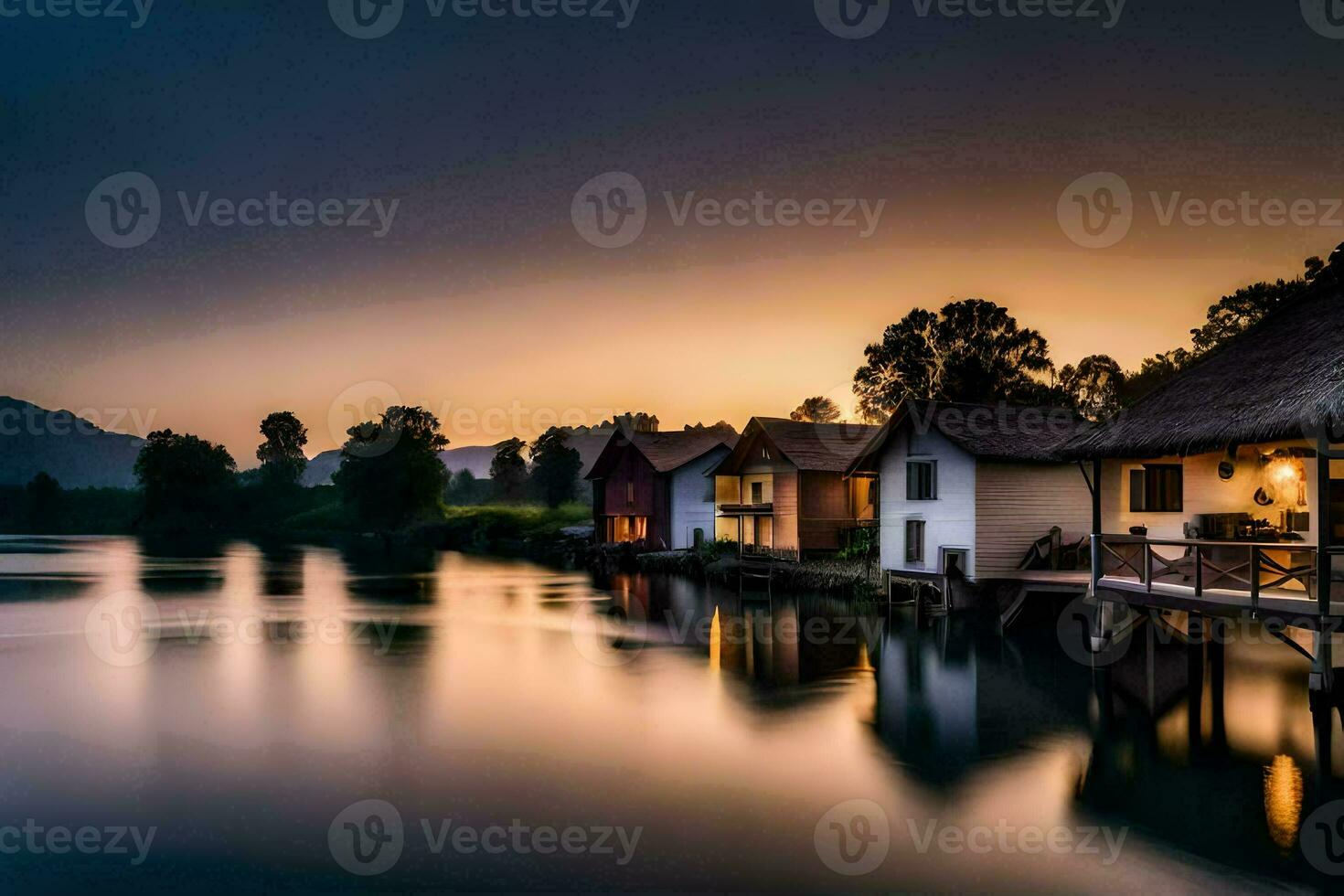 photo wallpaper the sky, water, mountains, lake, house, sunset, house, lake,. AI-Generated