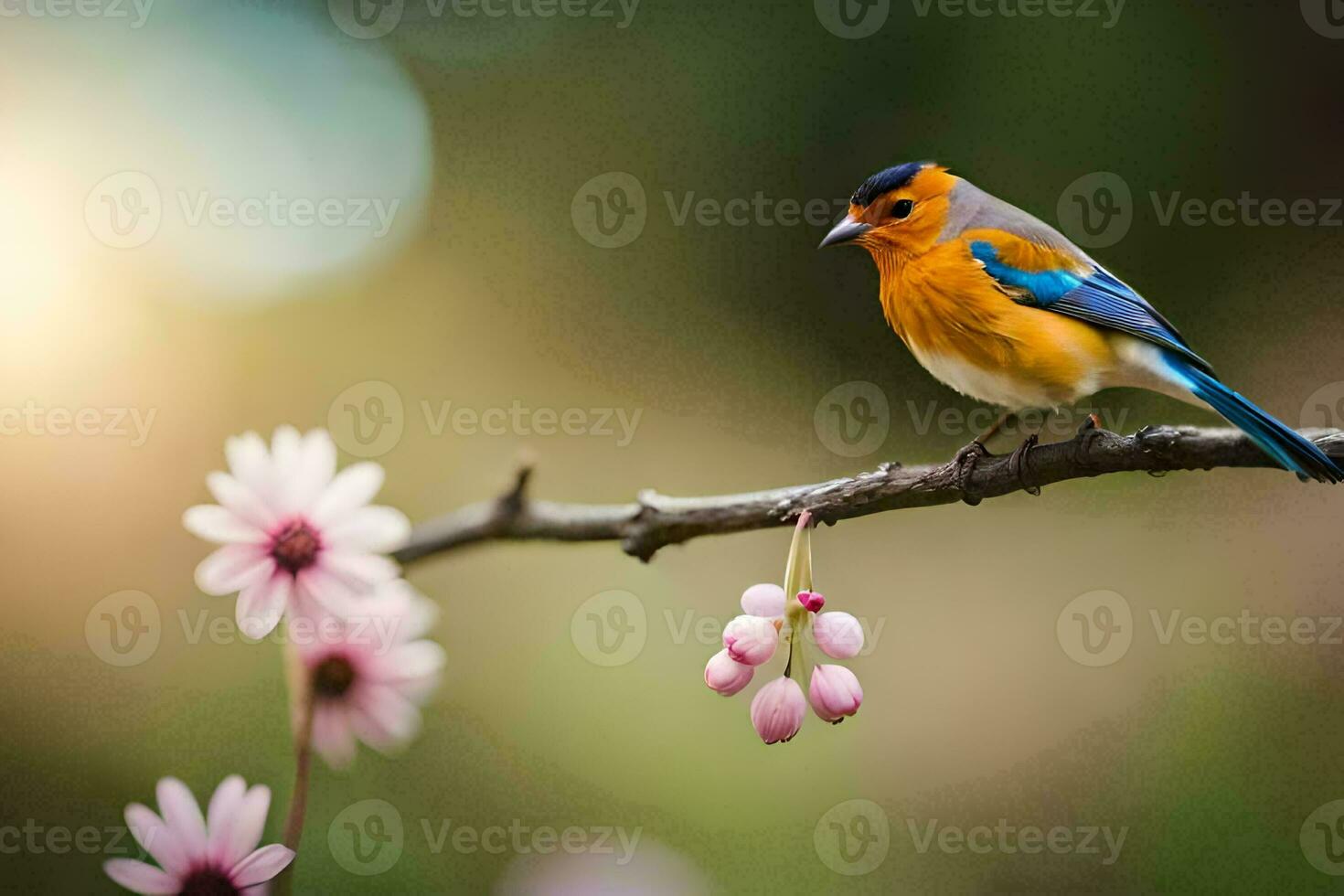 un vistoso pájaro se sienta en un rama con rosado flores generado por ai foto