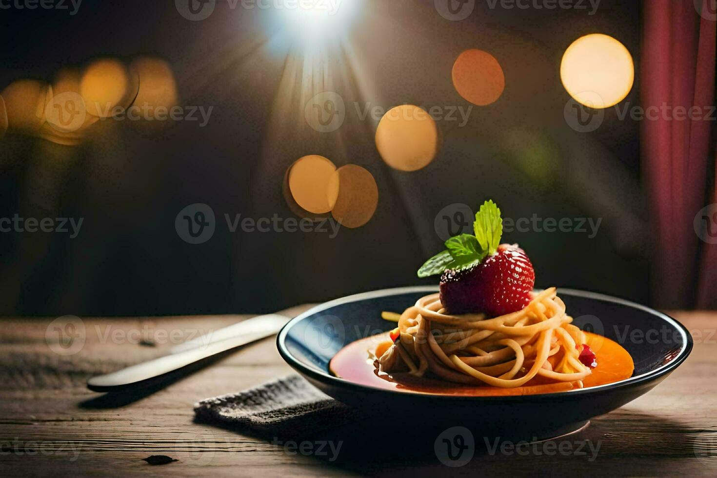 spaghetti with tomato sauce and a strawberry on a wooden table. AI-Generated photo