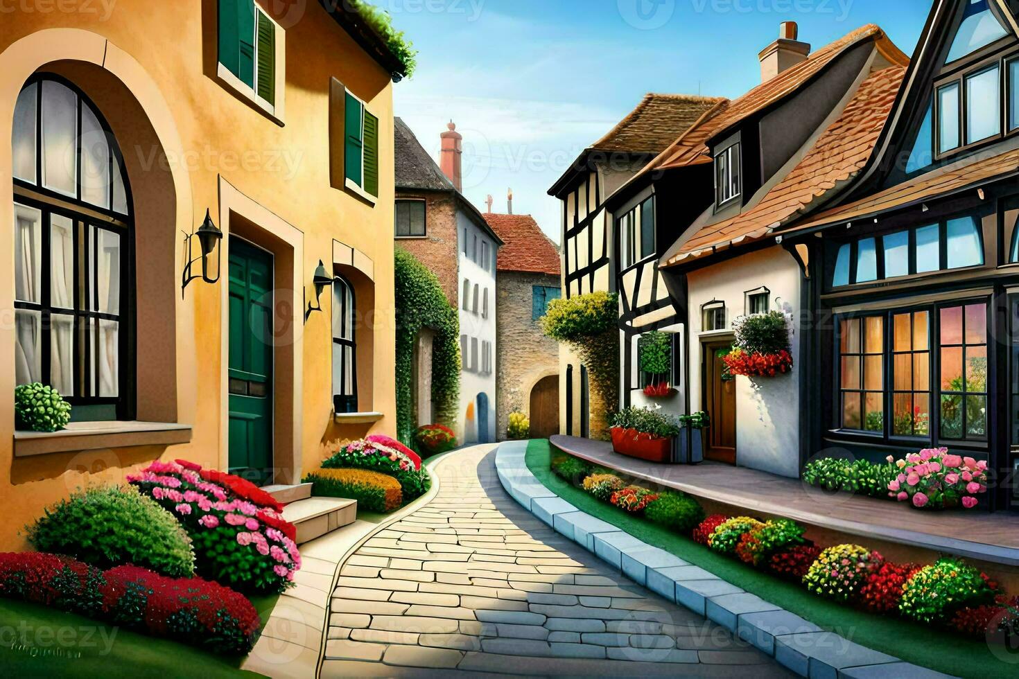 a street with houses and flowers in the middle. AI-Generated photo