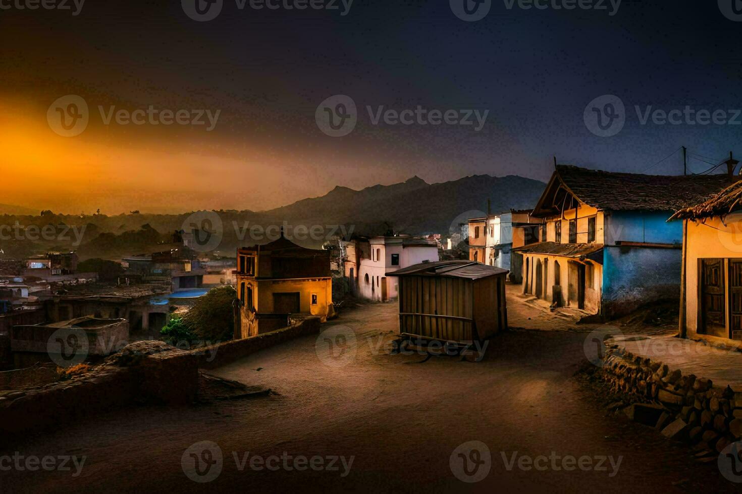 a village at sunset with houses and mountains in the background. AI-Generated photo