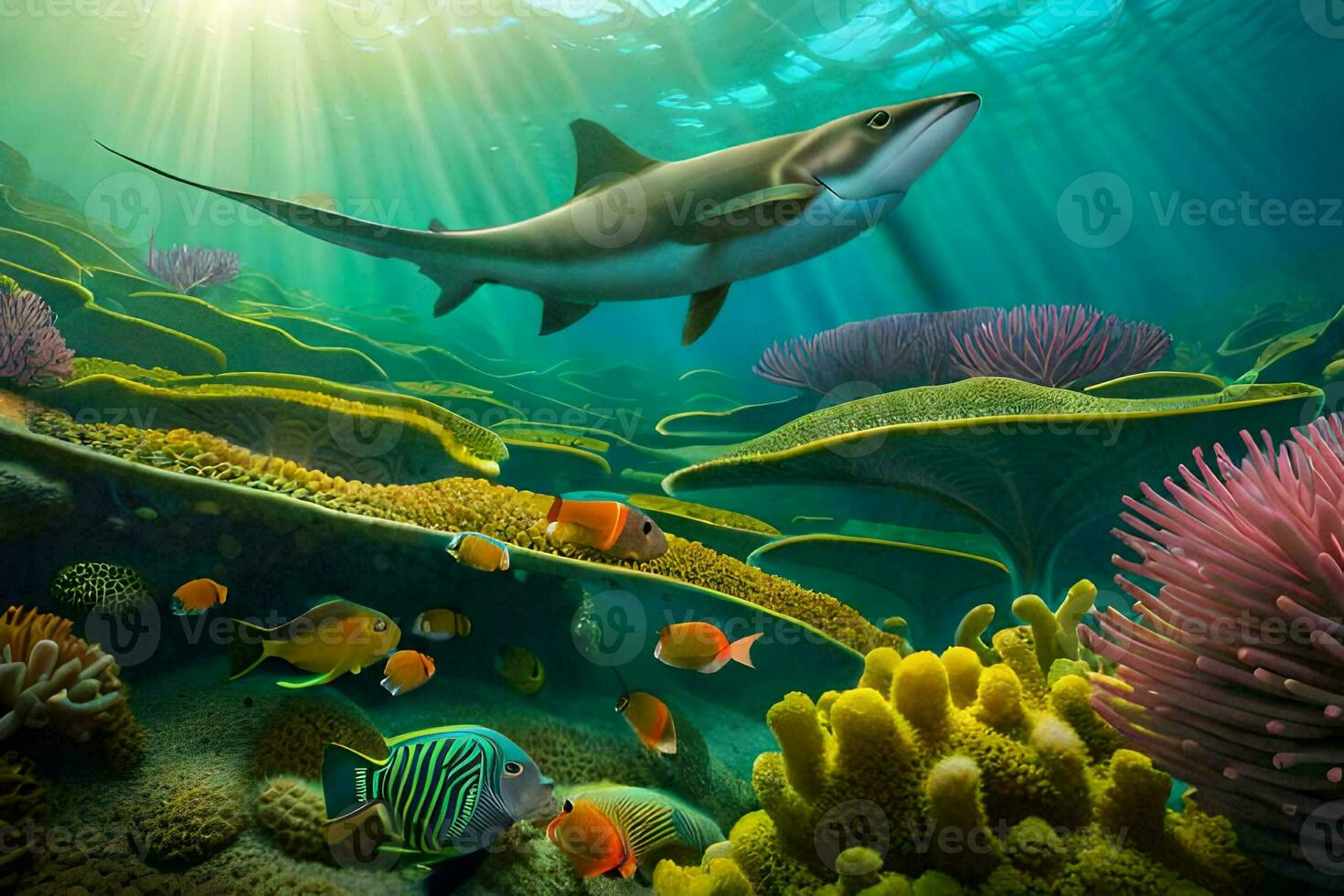 a shark swimming in the ocean with coral reefs. AI-Generated photo