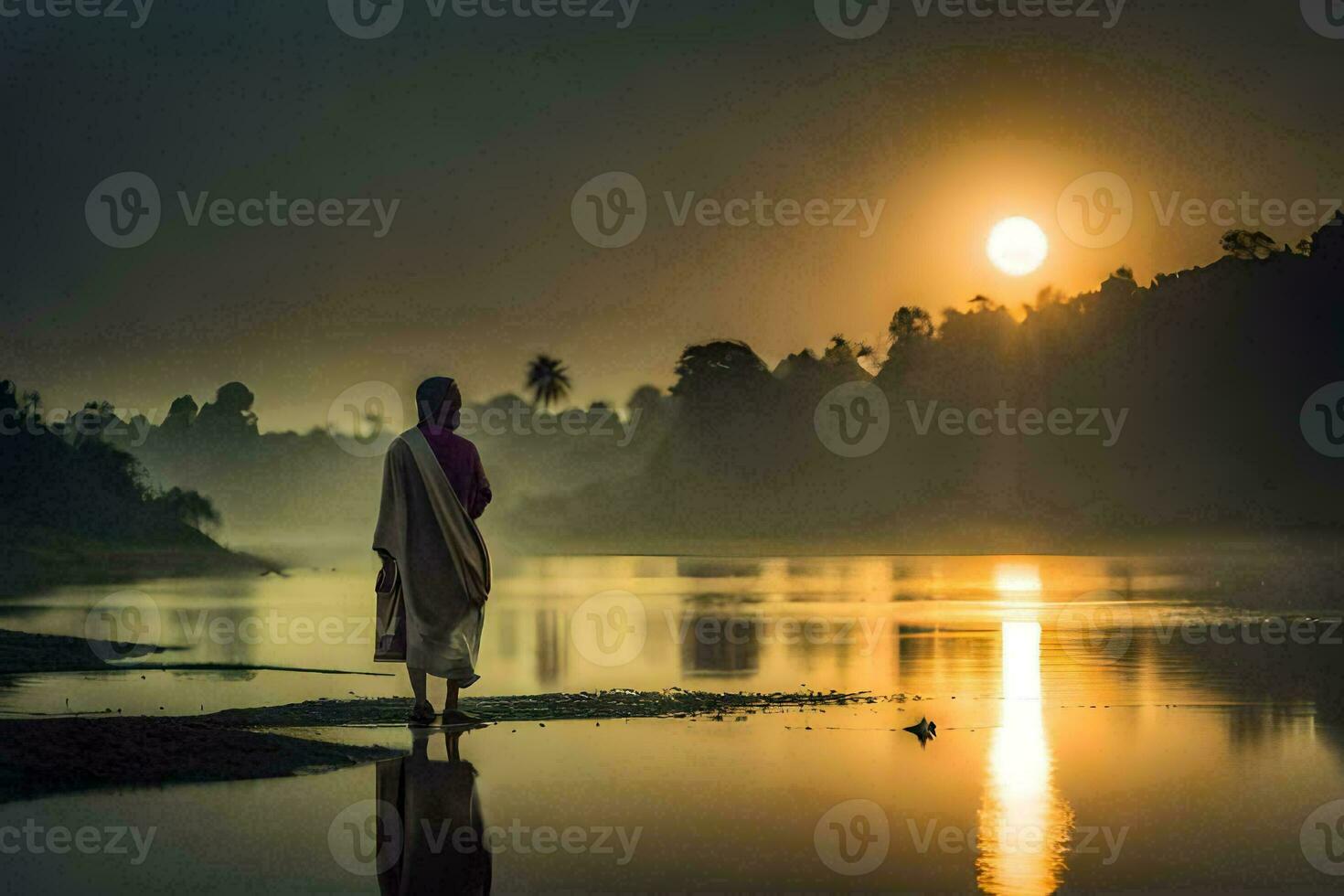 a man is walking along the river at sunset. AI-Generated photo