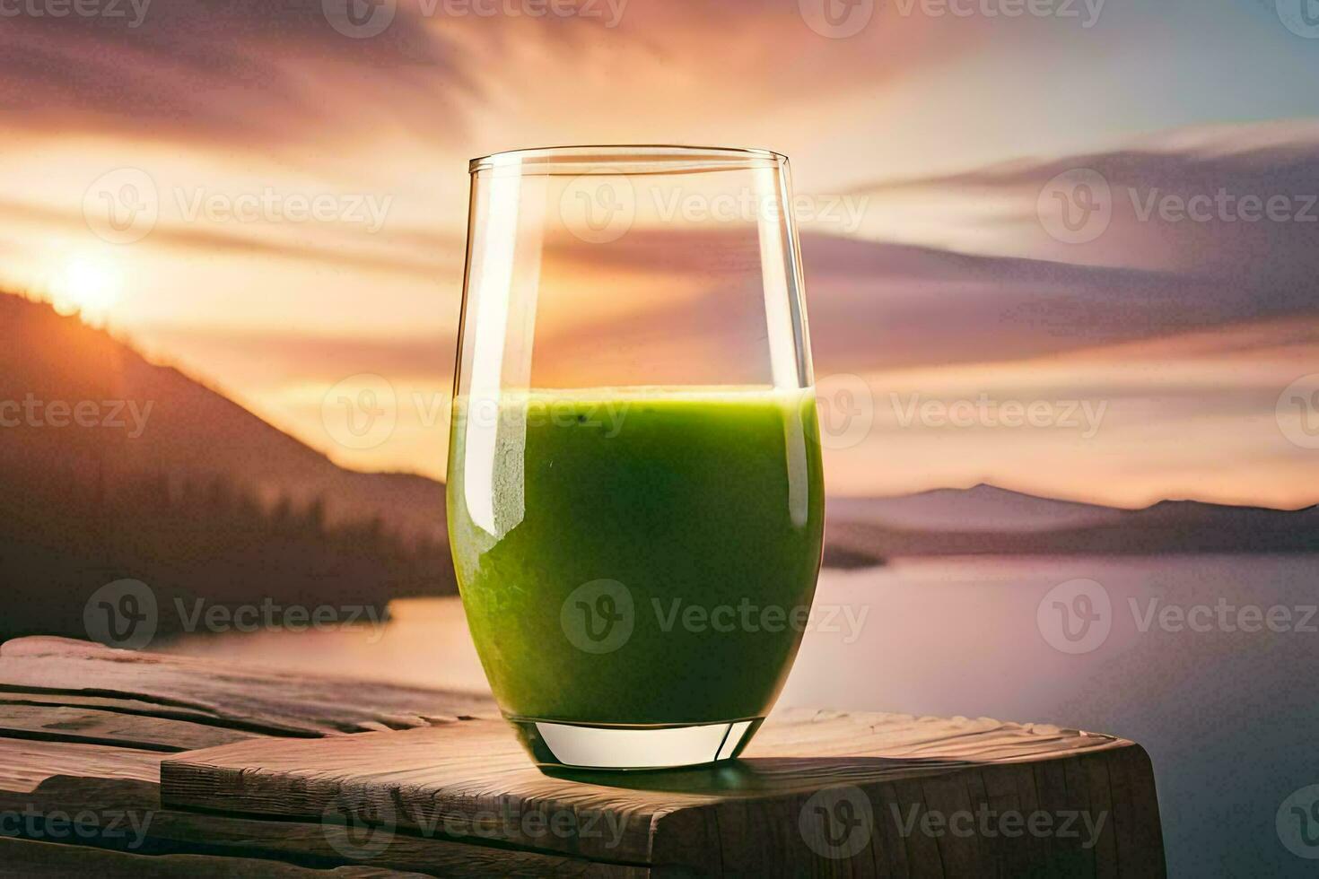 a glass of green juice on a wooden table. AI-Generated photo
