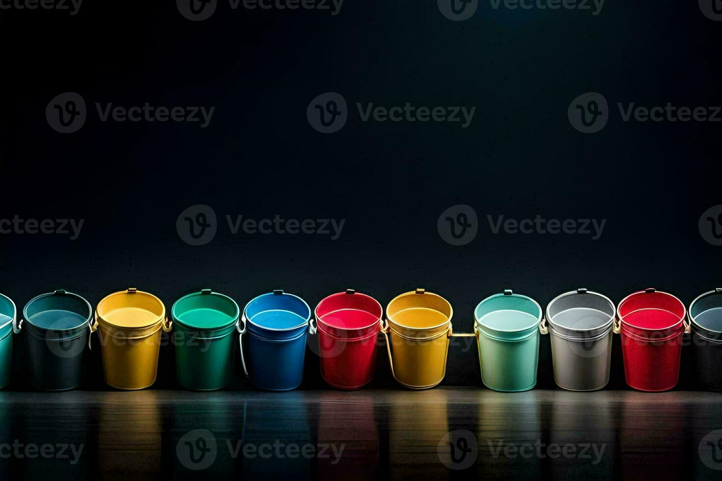 a row of colorful paint cans on a dark background. AI-Generated photo
