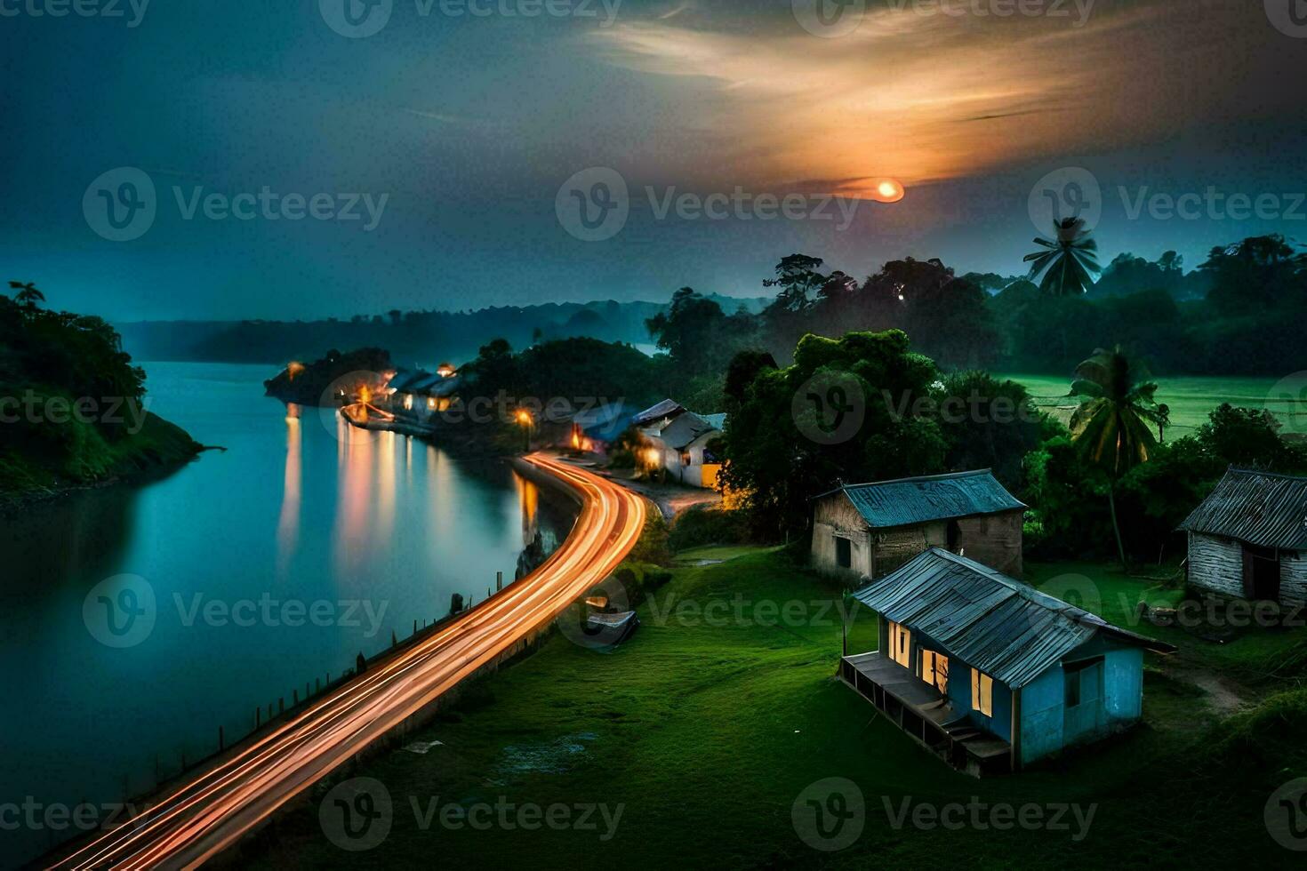 a river and houses in the evening. AI-Generated photo