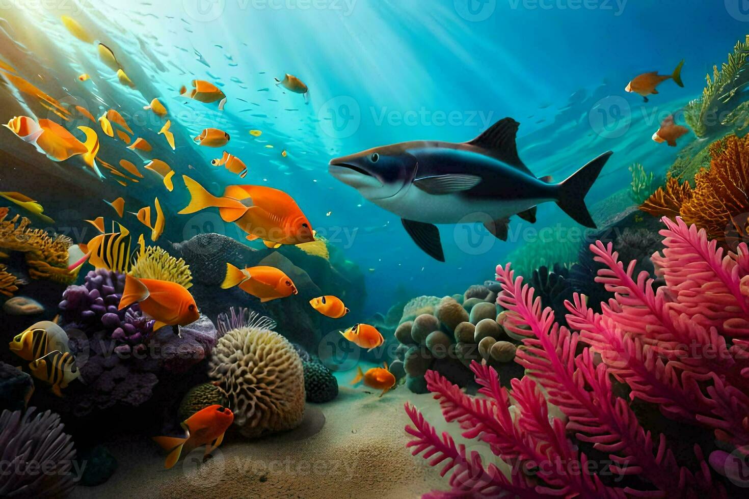 a fish swims in the ocean with coral reefs and fish. AI-Generated photo