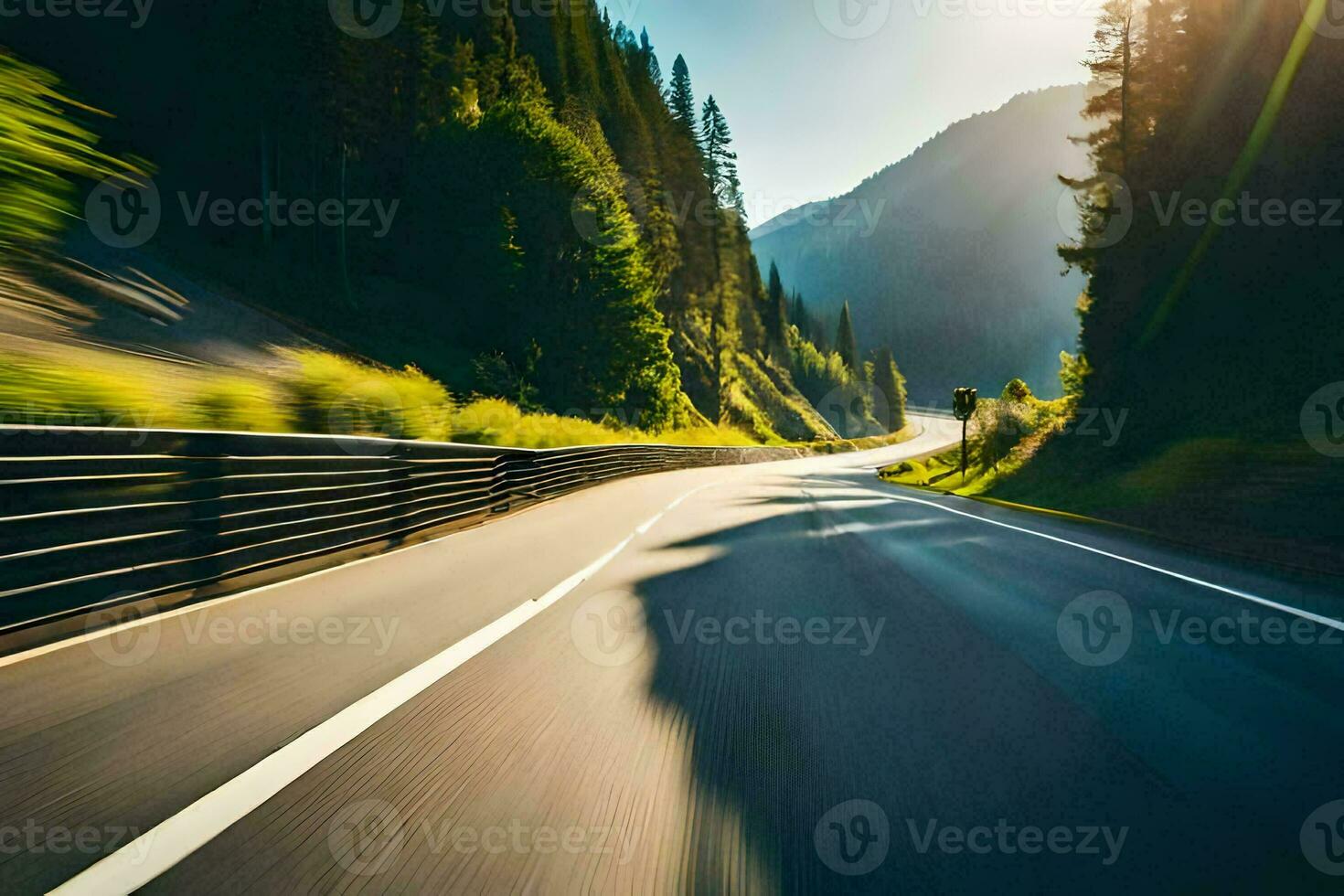 a car driving on a road in the mountains. AI-Generated photo