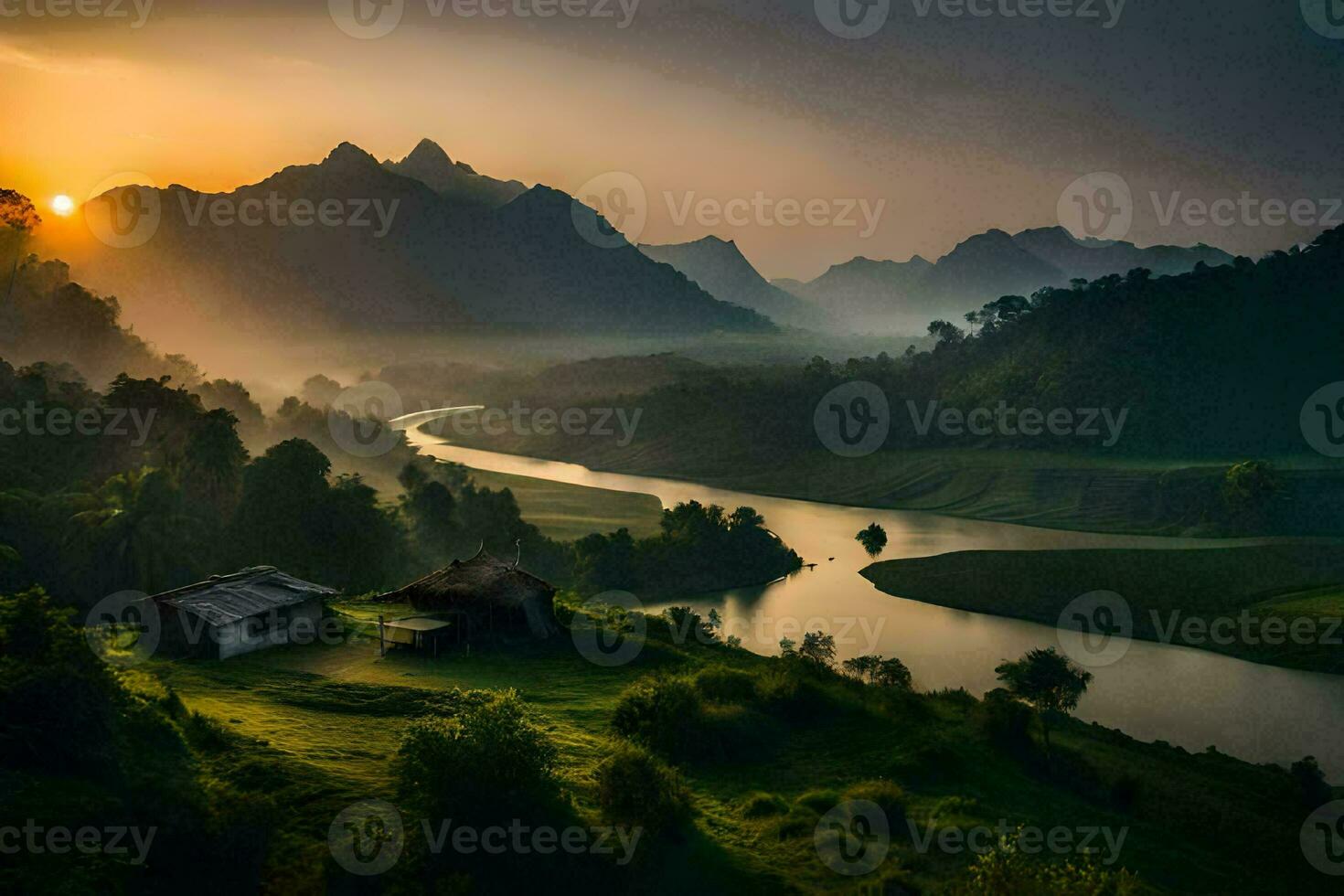 the sun rises over a river and mountains in the mountains. AI-Generated photo