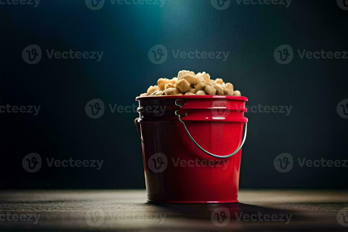 a red bucket filled with peanuts on a dark table. AI-Generated photo