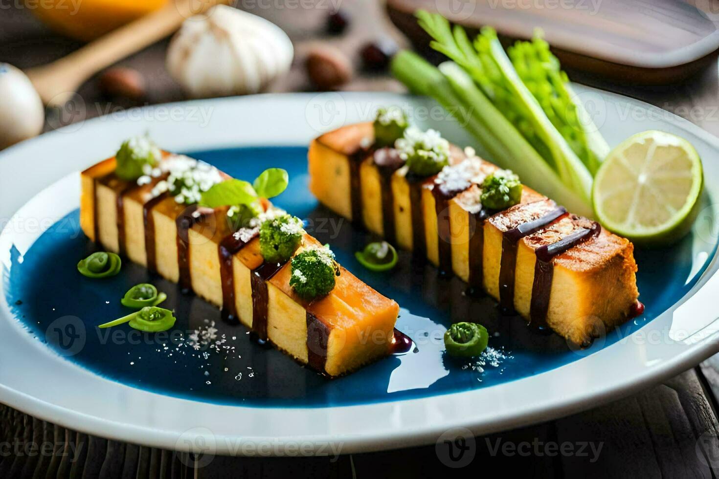 two slices of tofu on a blue plate with green onions. AI-Generated photo