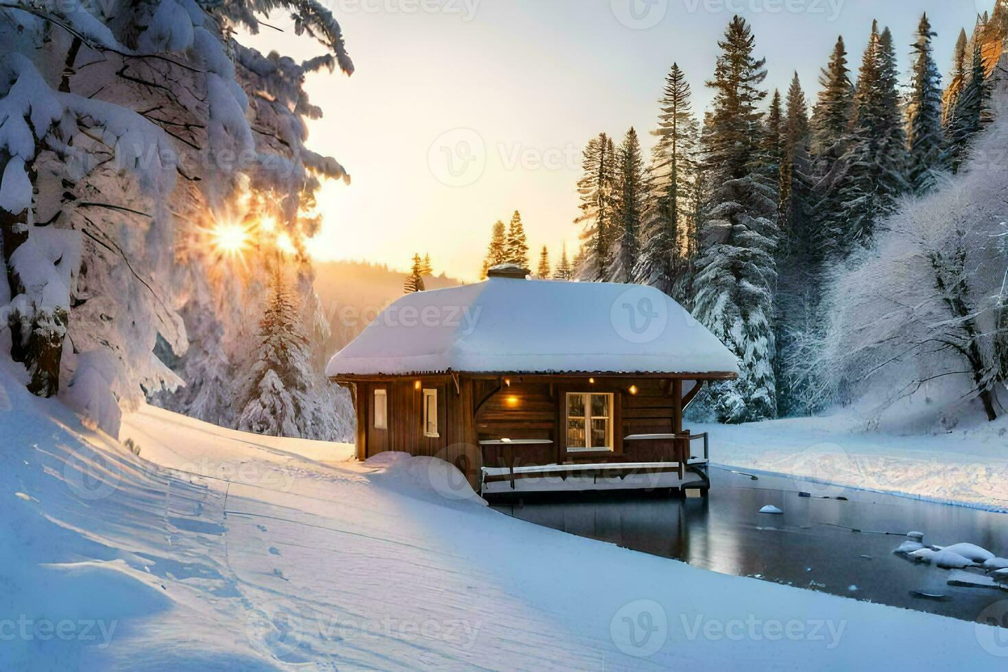 a cabin in the snow with the sun setting. AI-Generated photo