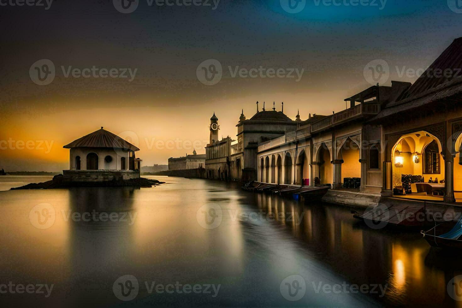 the sunset over the water in front of a mosque. AI-Generated photo