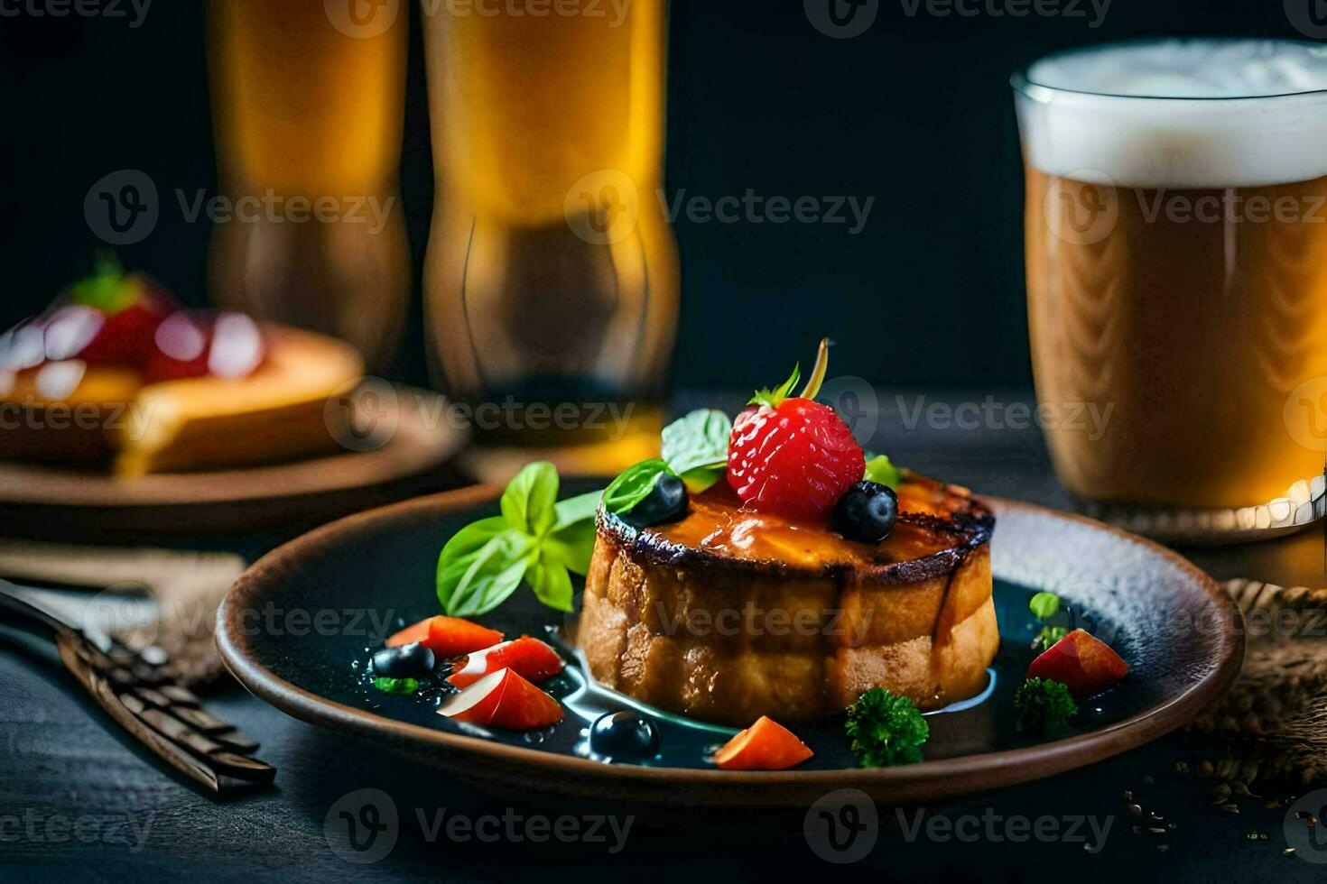 a dessert with berries and a glass of beer. AI-Generated photo