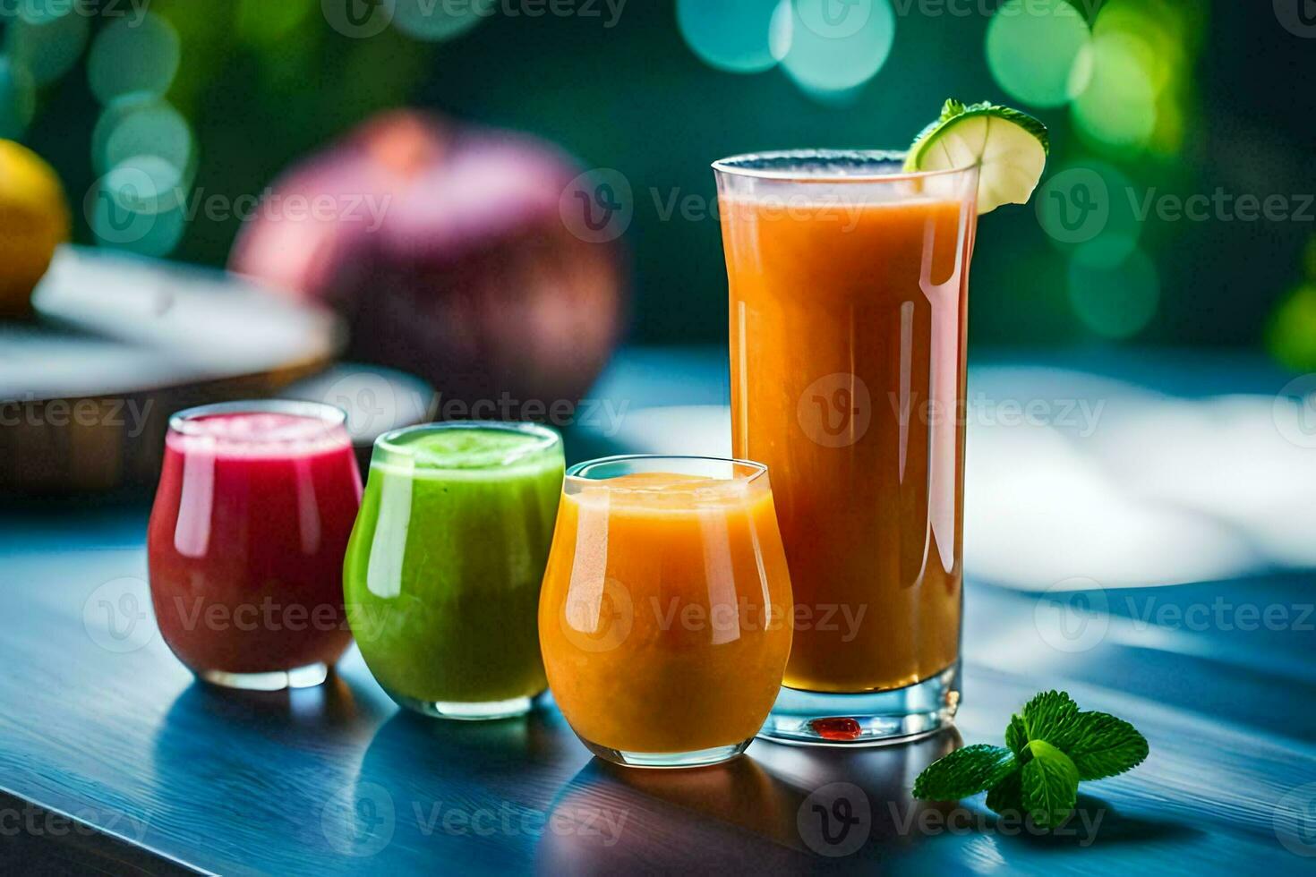 a variety of juices and smoothies sit on a table. AI-Generated photo