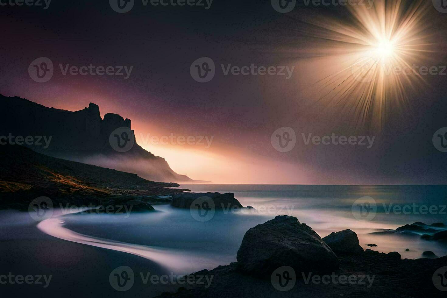 the sun shines over the ocean and rocks. AI-Generated photo