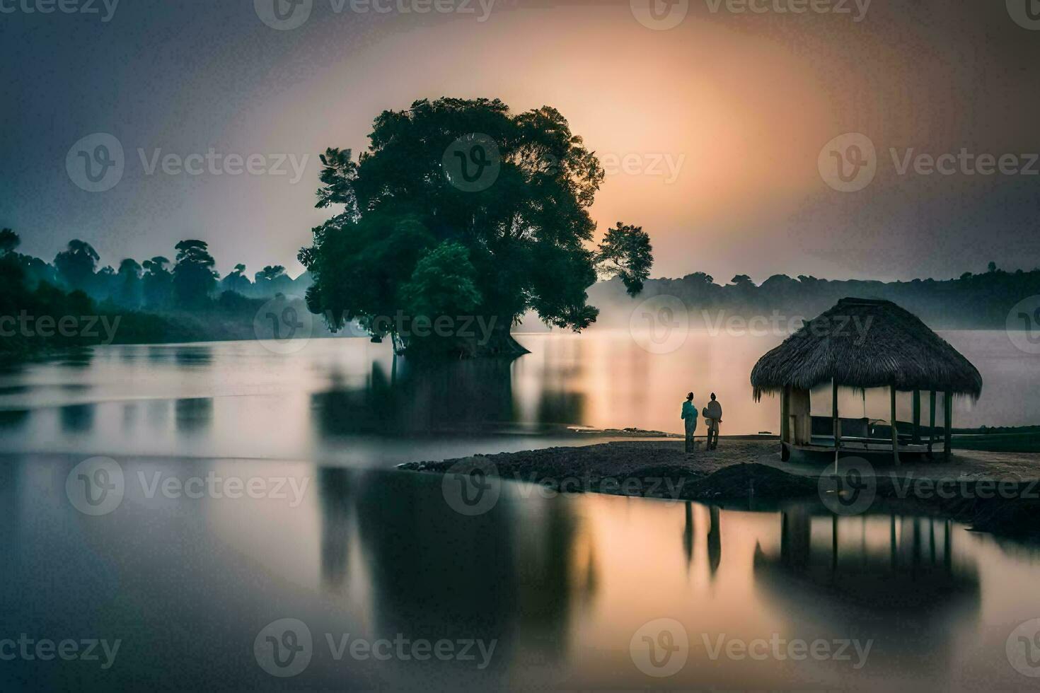 the couple is standing on the shore of the lake. AI-Generated photo