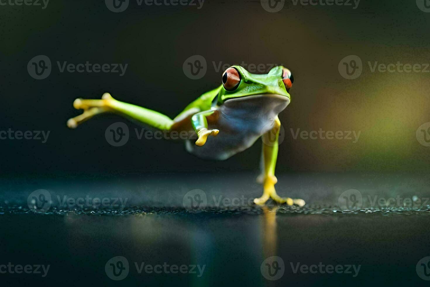 a frog is jumping on the ground. AI-Generated photo