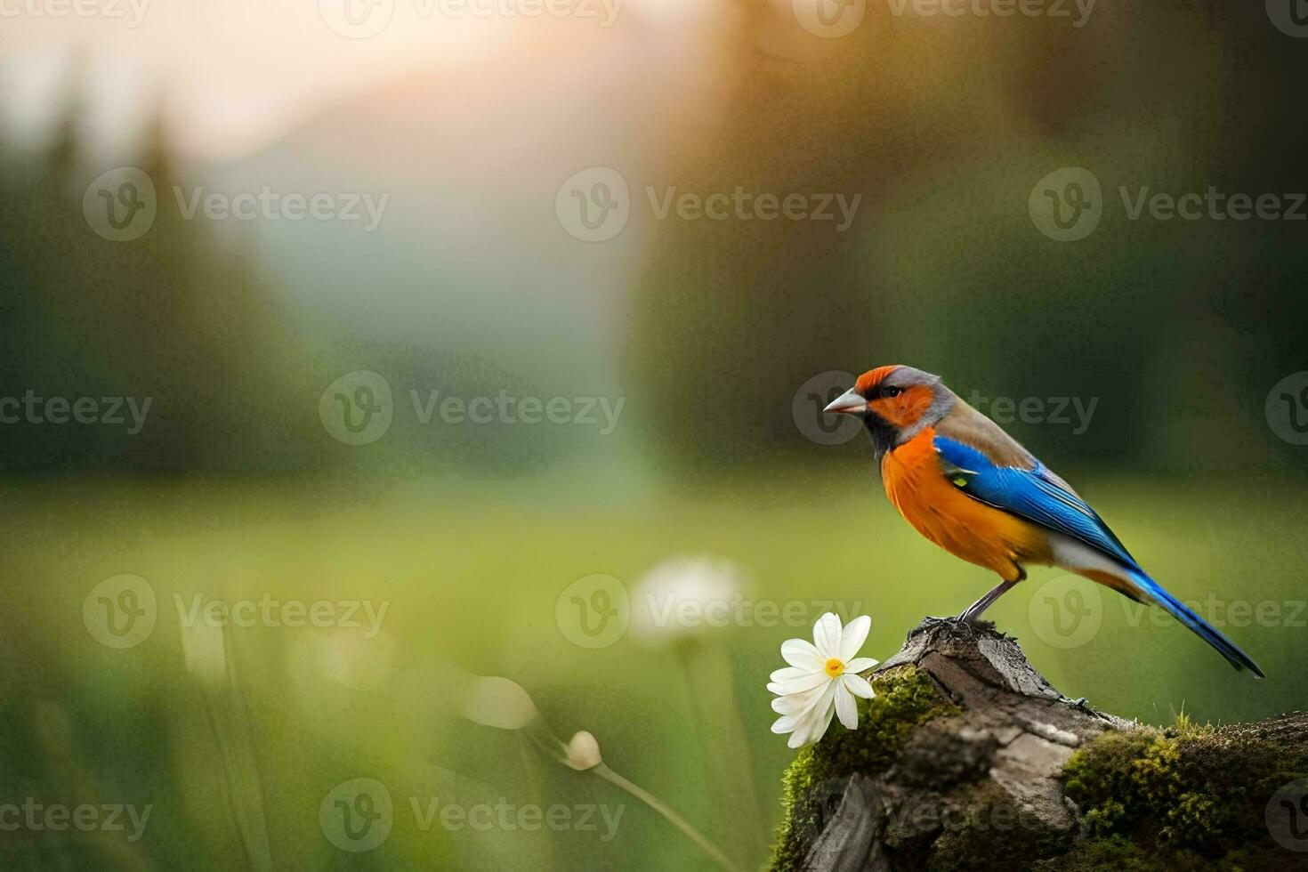 a blue and orange bird sits on a stump in a field. AI-Generated photo