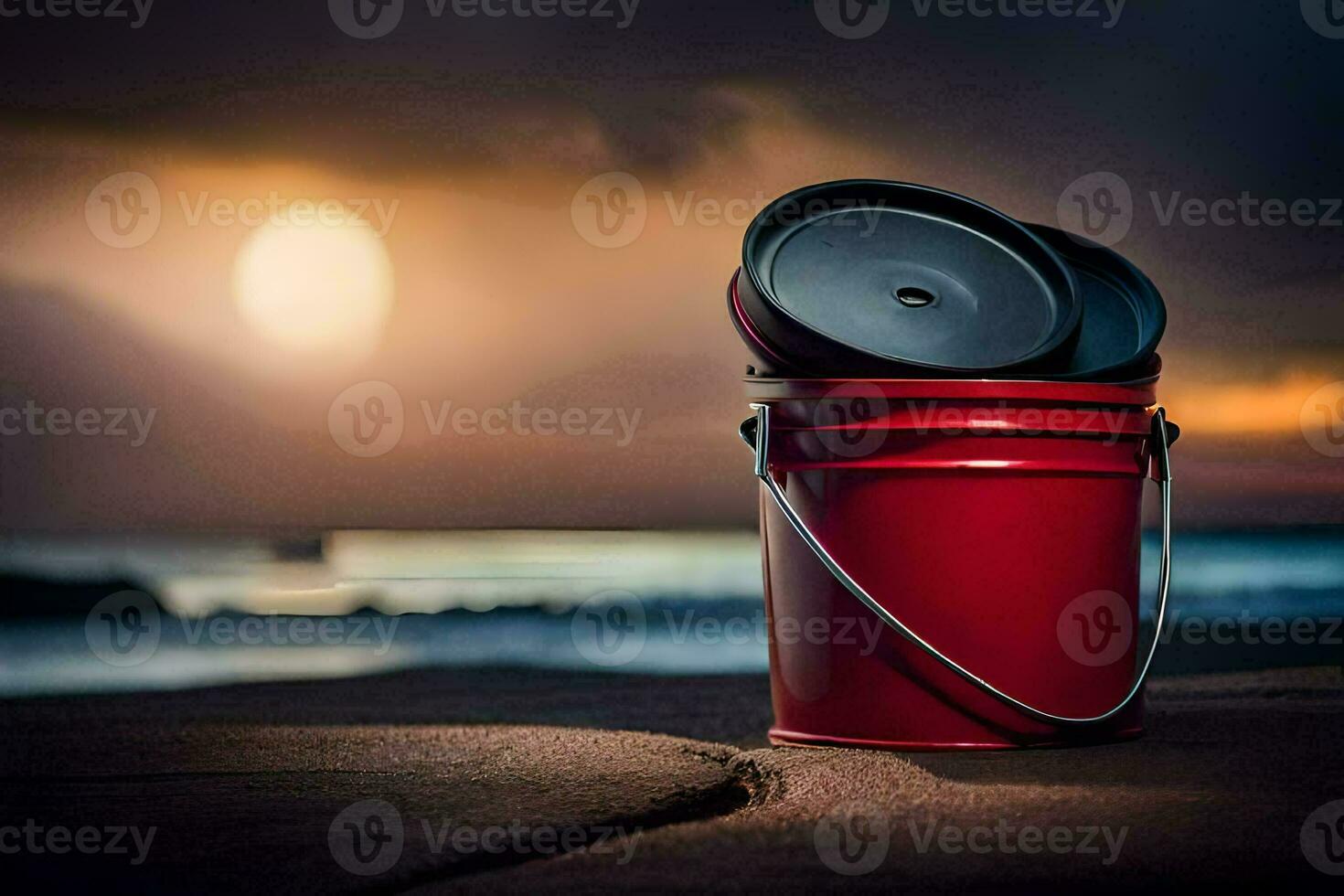 a red bucket on the beach with a sunset in the background. AI-Generated photo