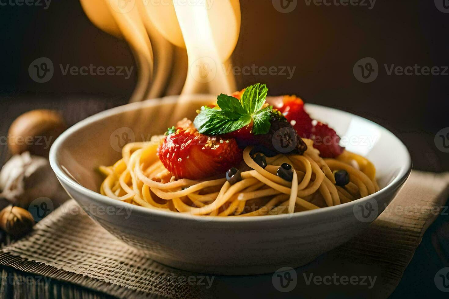 spaghetti with tomatoes and basil on a wooden table. AI-Generated photo