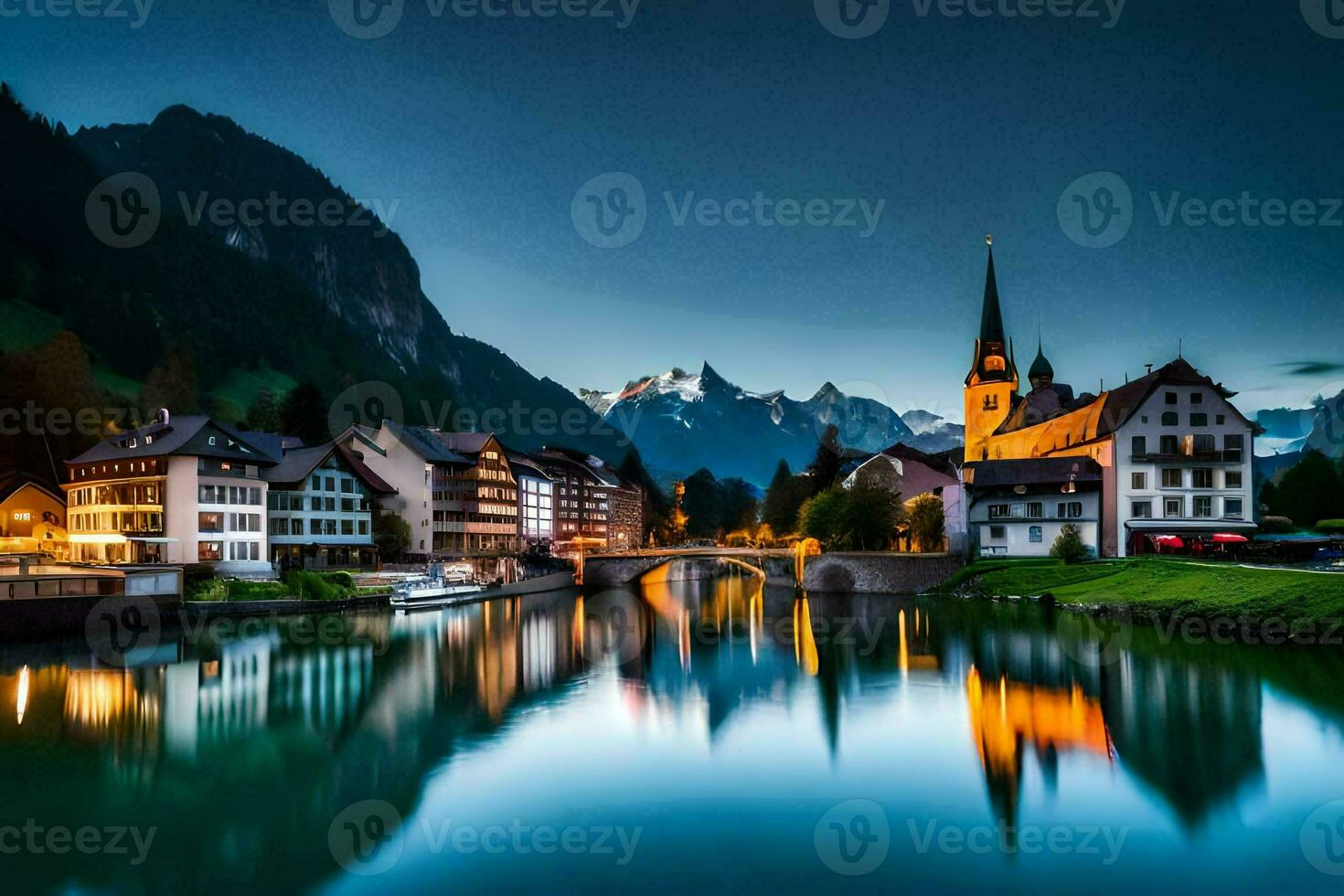 the town of switzerland is lit up at night. AI-Generated photo