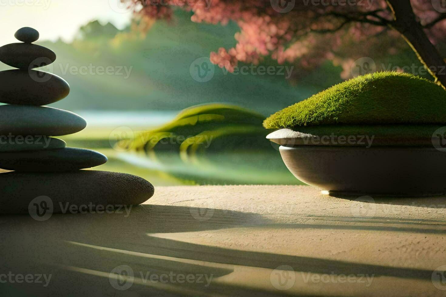 a stone wall and a pond with a tree in the background. AI-Generated photo