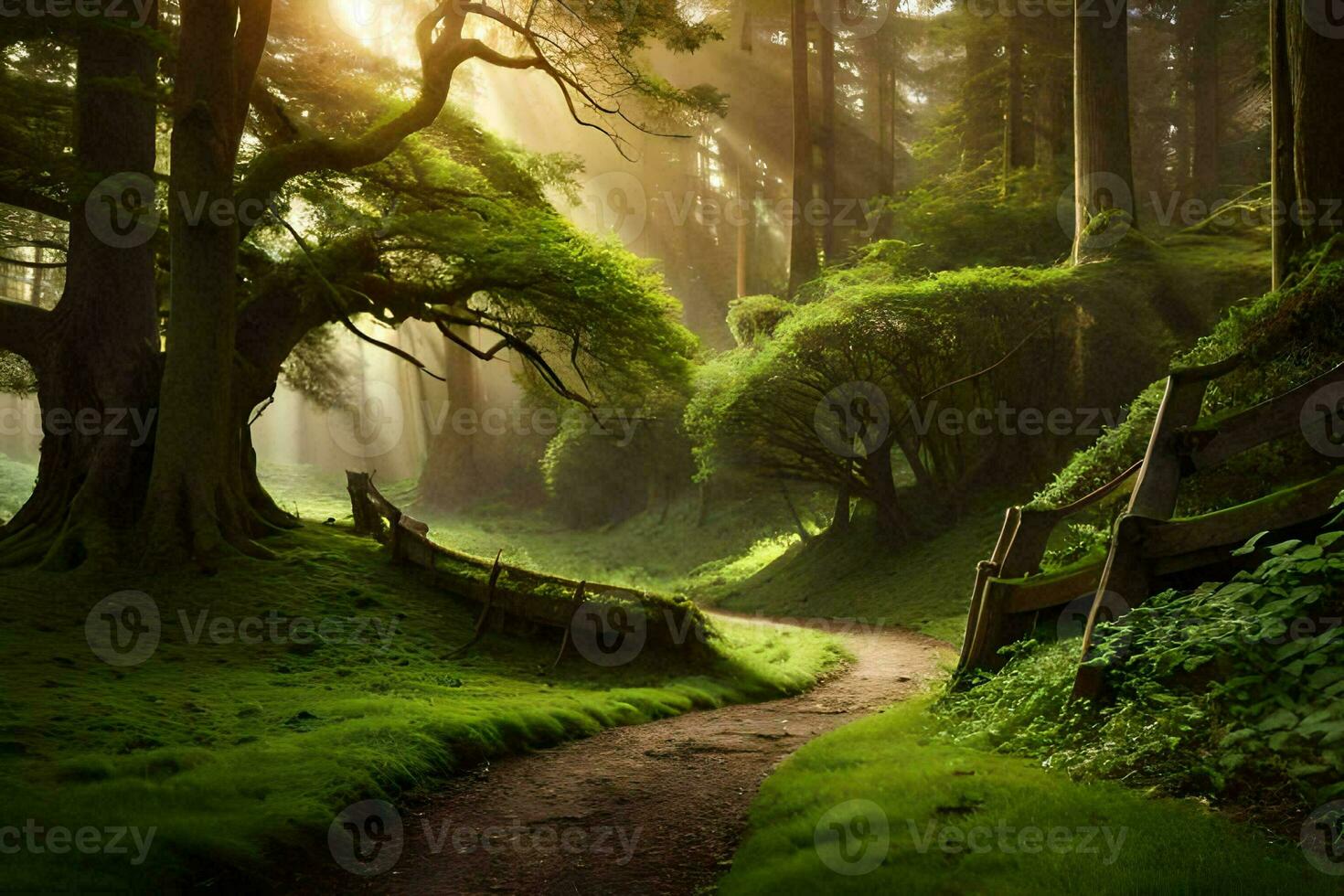 a path through a green forest with trees and a bench. AI-Generated photo