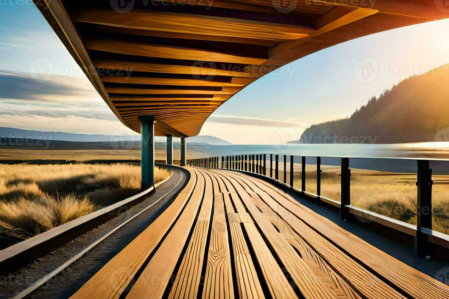 a wooden walkway leads to the ocean and mountains. AI-Generated photo