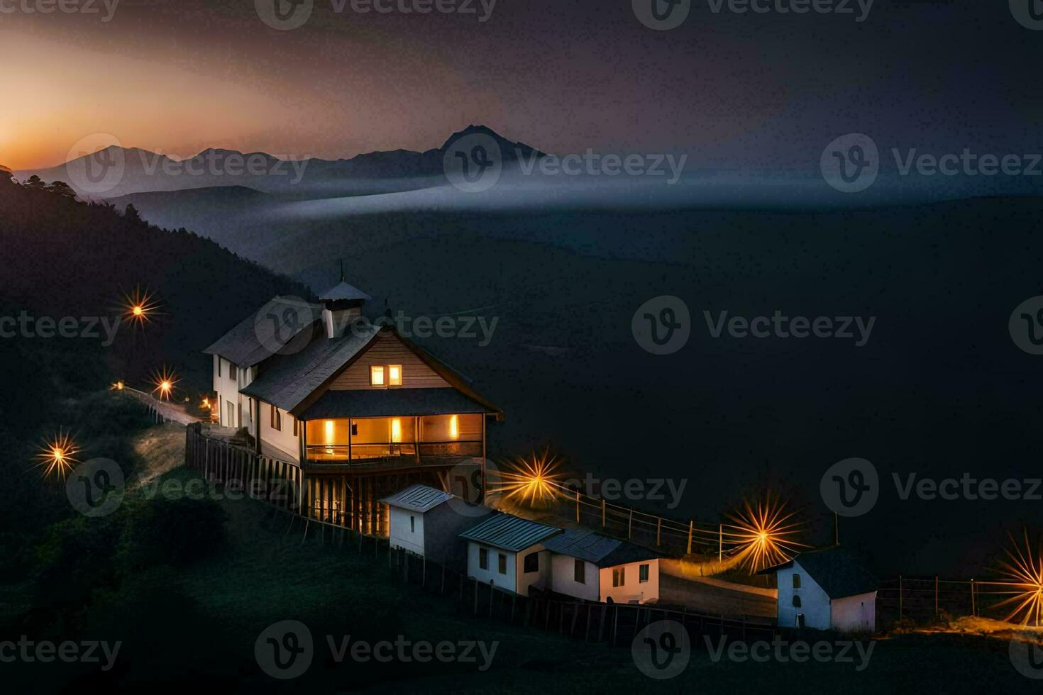 a house on a hill with lights on at sunset. AI-Generated photo