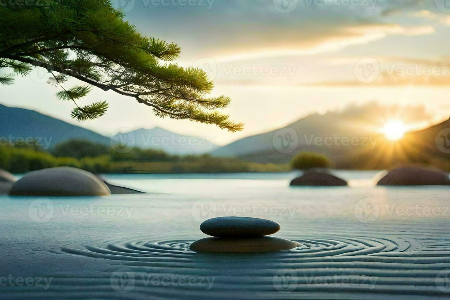 the sun rises over the lake. AI-Generated photo