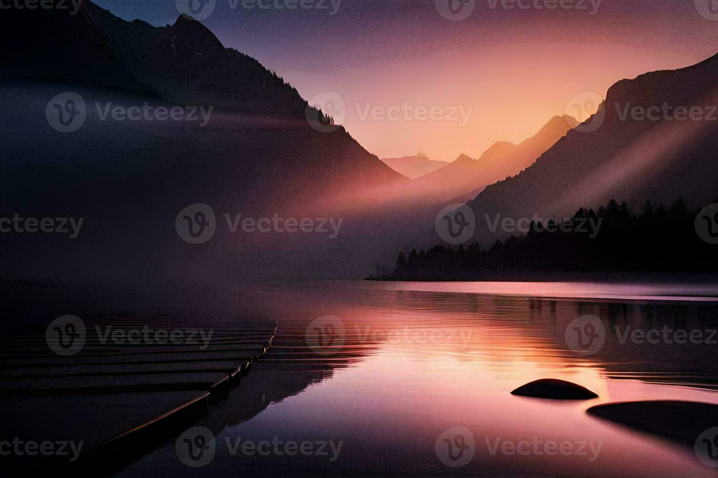 a lake in the mountains with a dock and rocks. AI-Generated photo
