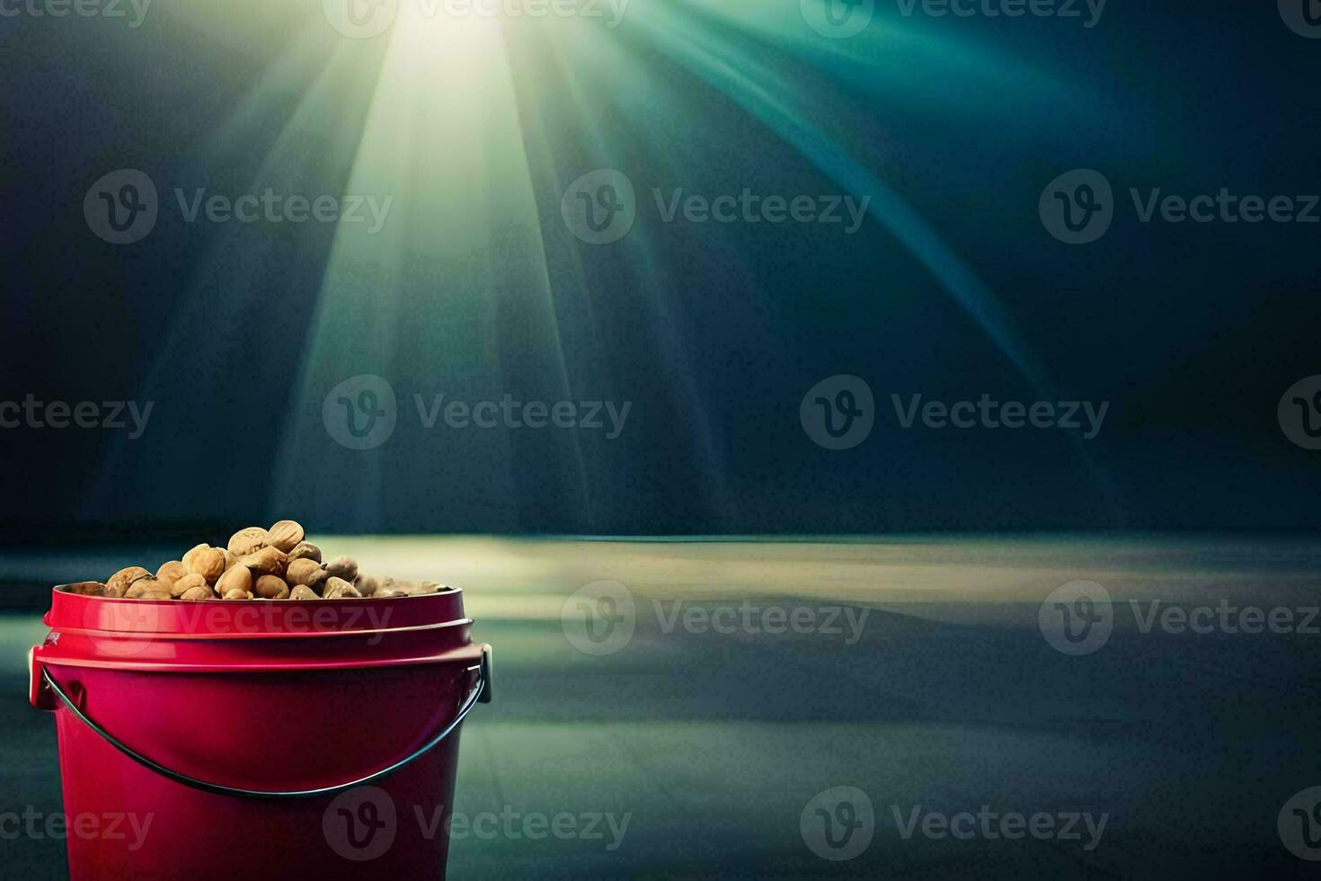 a bucket of peanuts on a dark floor. AI-Generated photo