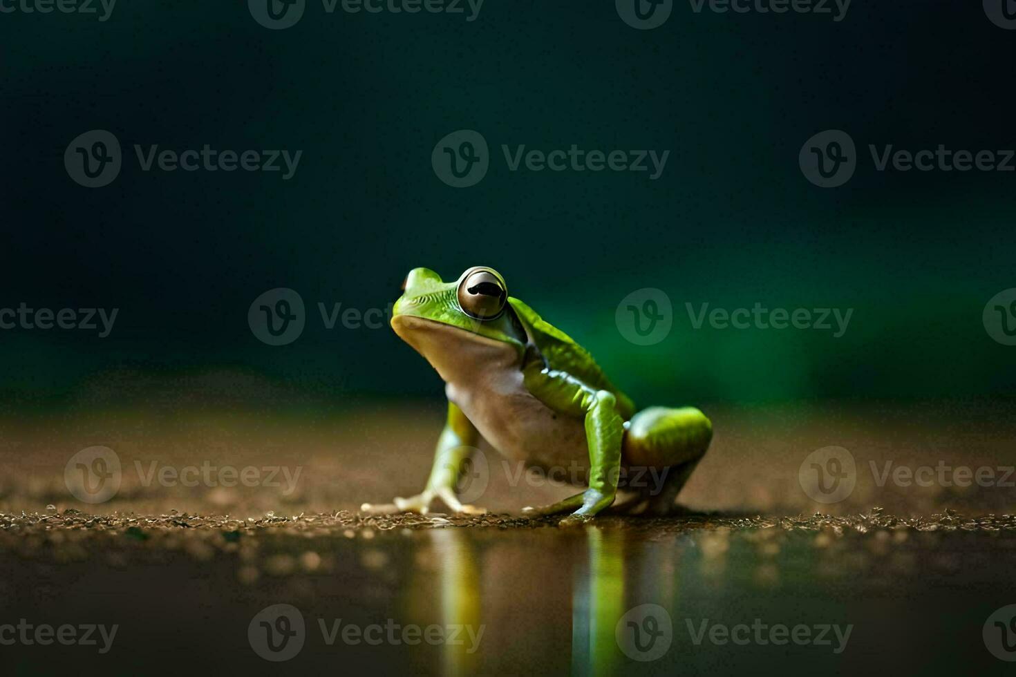 a frog sitting on the ground in the dark. AI-Generated photo