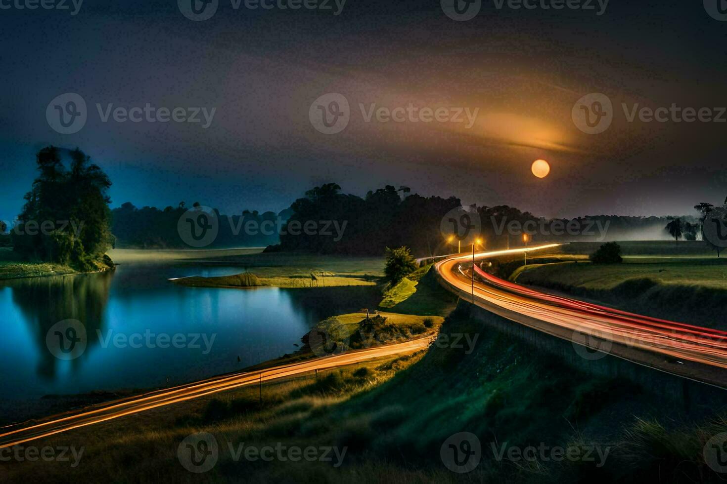 a long exposure photograph of a road and a river at night. AI-Generated photo