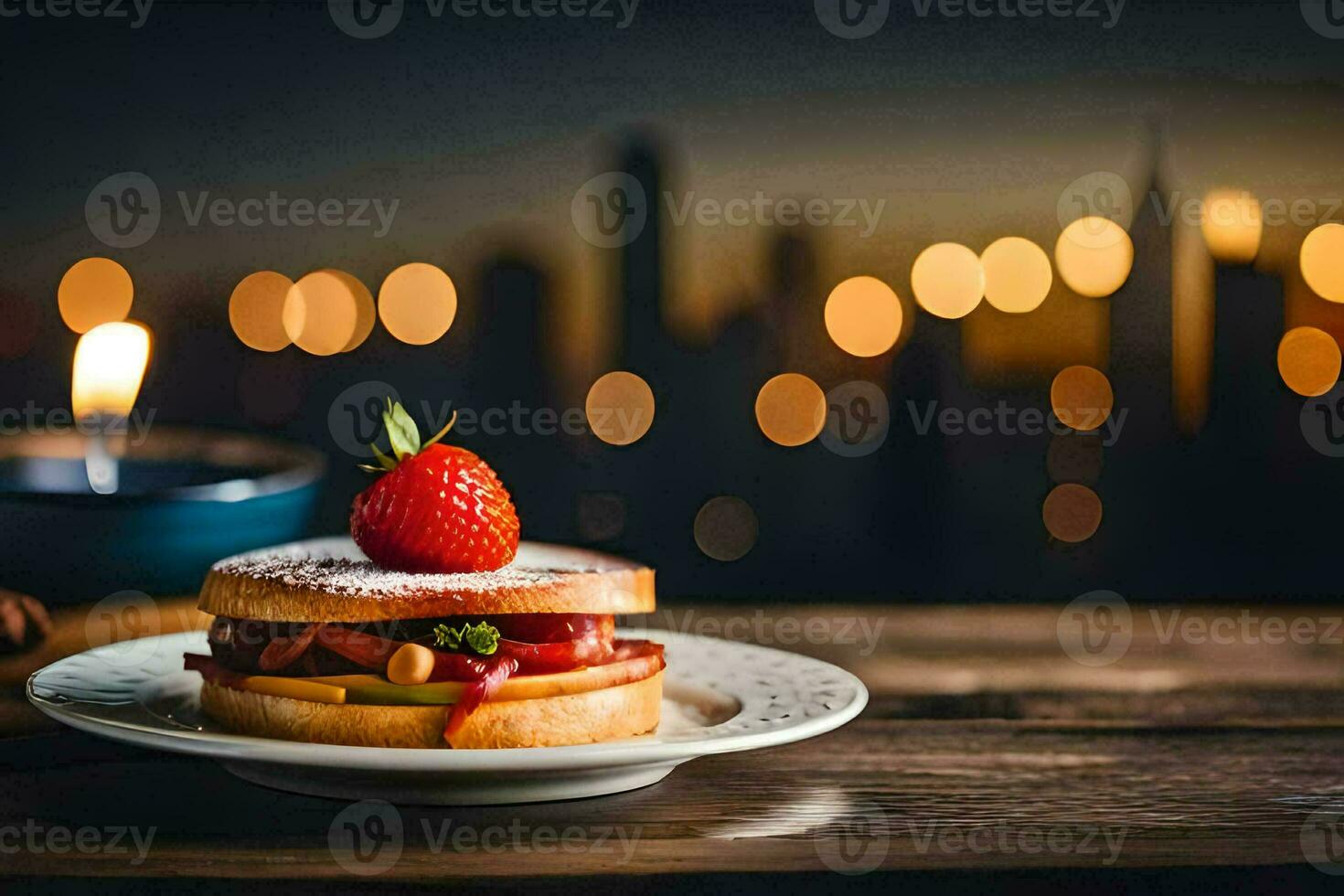 a sandwich with strawberry and bacon on a plate. AI-Generated photo