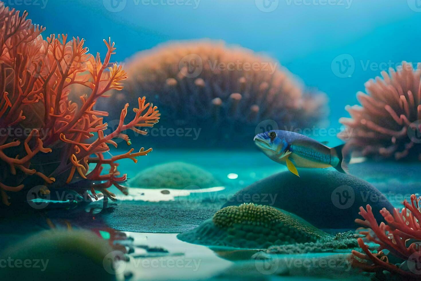 un pescado nadando en el Oceano con coral. generado por ai foto