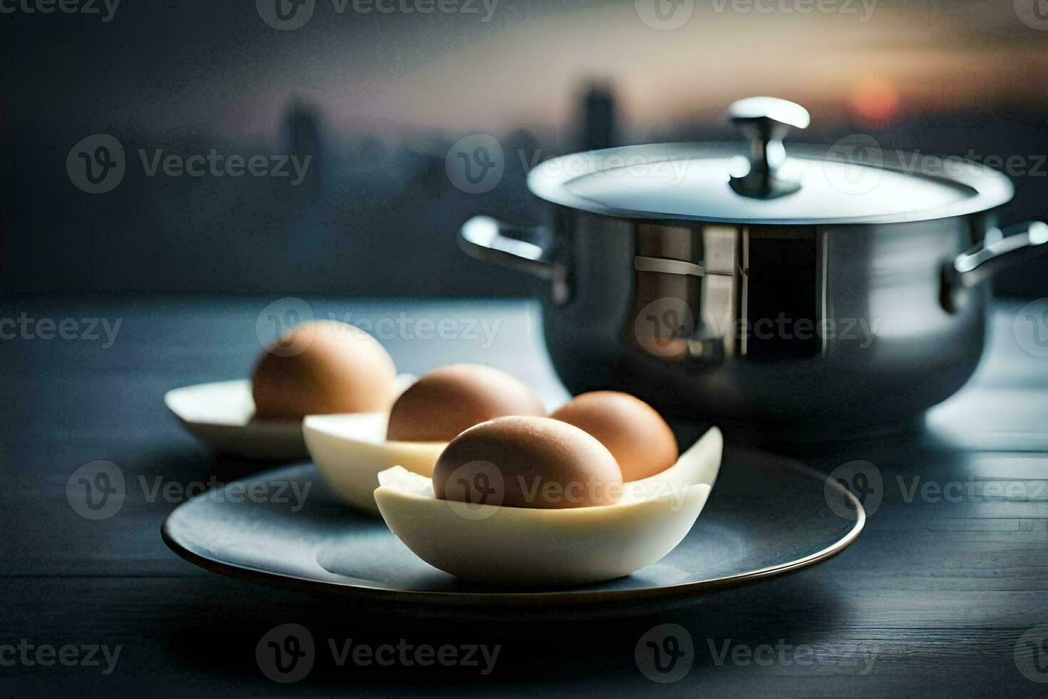 three eggs on a plate with a pot and a pan. AI-Generated photo