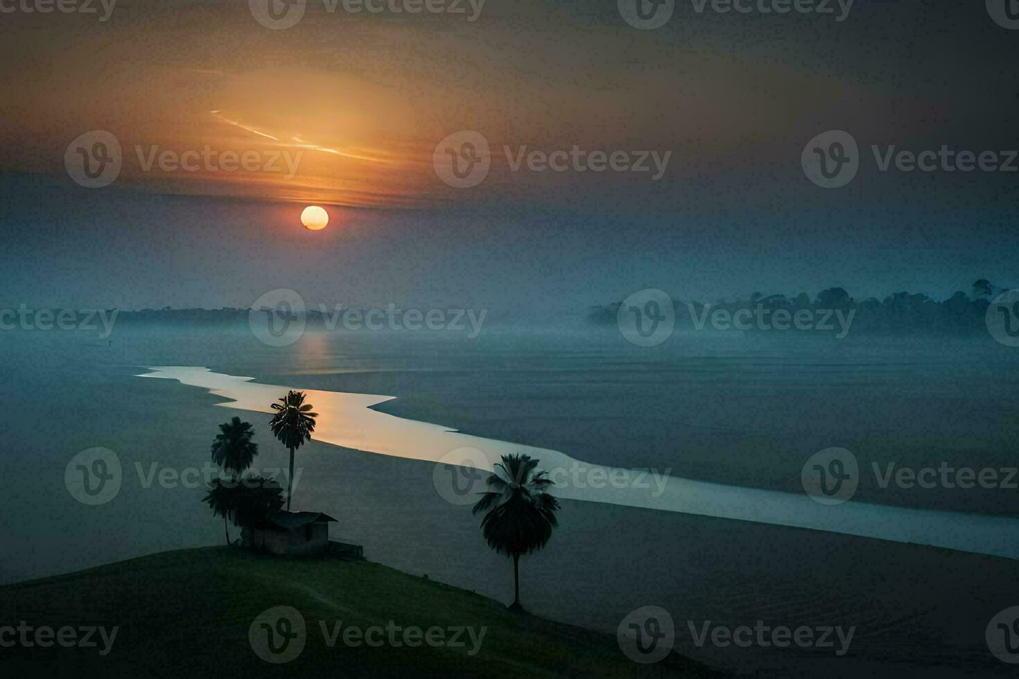 the sun rises over a river and palm trees. AI-Generated photo