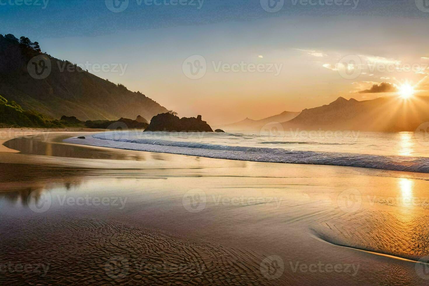 the sun rises over the ocean and the beach. AI-Generated photo