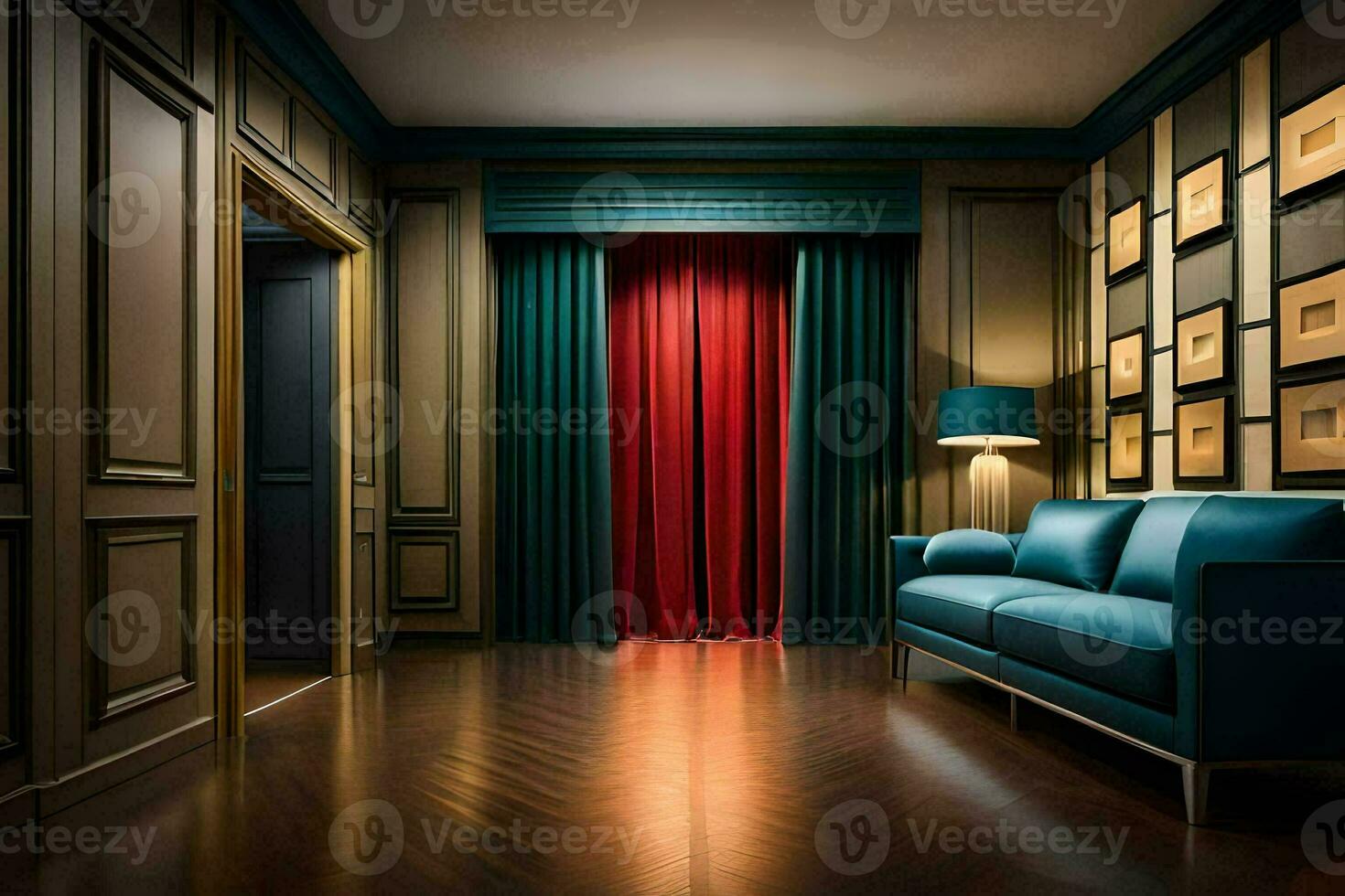 a room with a blue couch and red curtains. AI-Generated photo