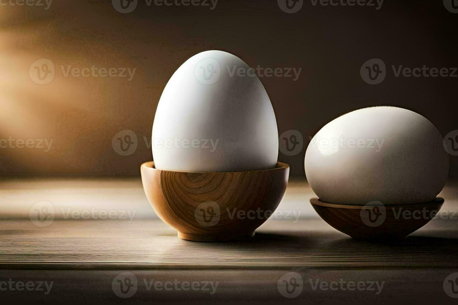 two eggs in wooden egg cups on a table. AI-Generated photo